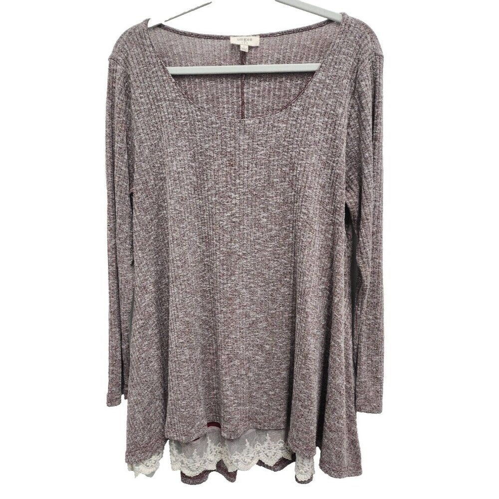 Umgee Womens BOHO Whimsygoth Tunic Top Large Mauve Marled Lace Hem Long Sleeve